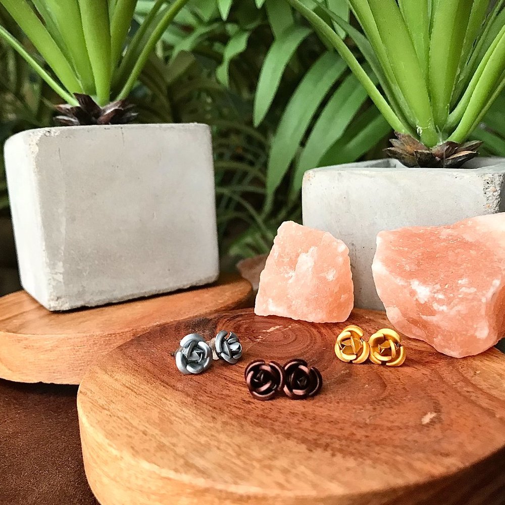 -Multicolor Stud Rose Earrings Trio